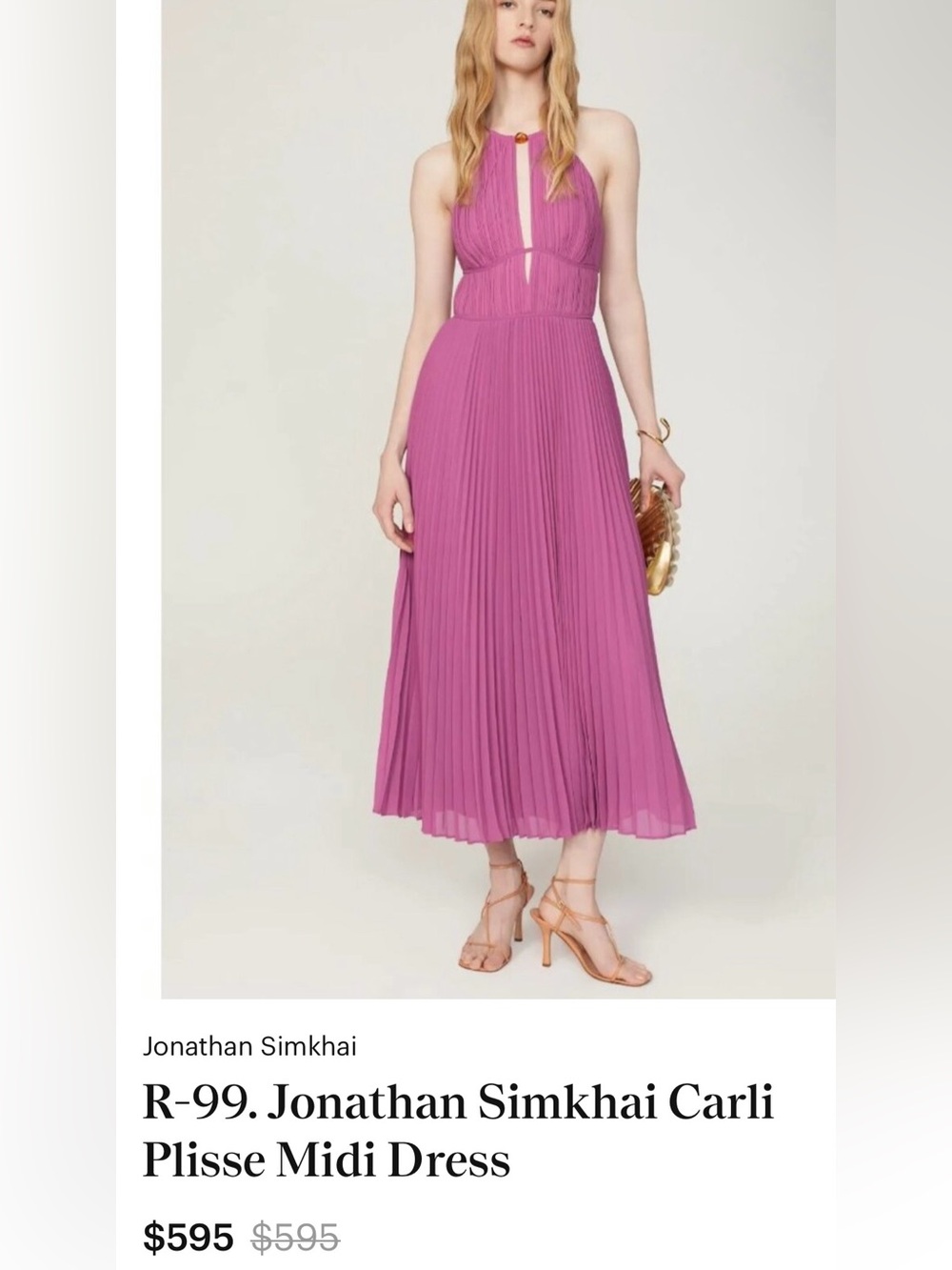 NWOT Jonathan Simkhai Carli Pleated Plisse Keyhole Midi Dress Pink Size 6.